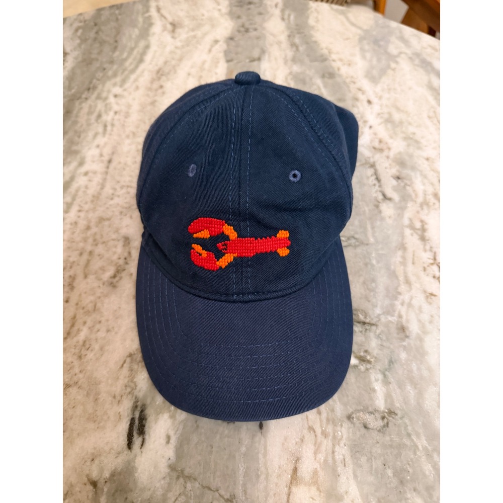 Harding Lane Navy Blue Needlepoint Lobster Hat Adjustable Cotton Baseball Cap